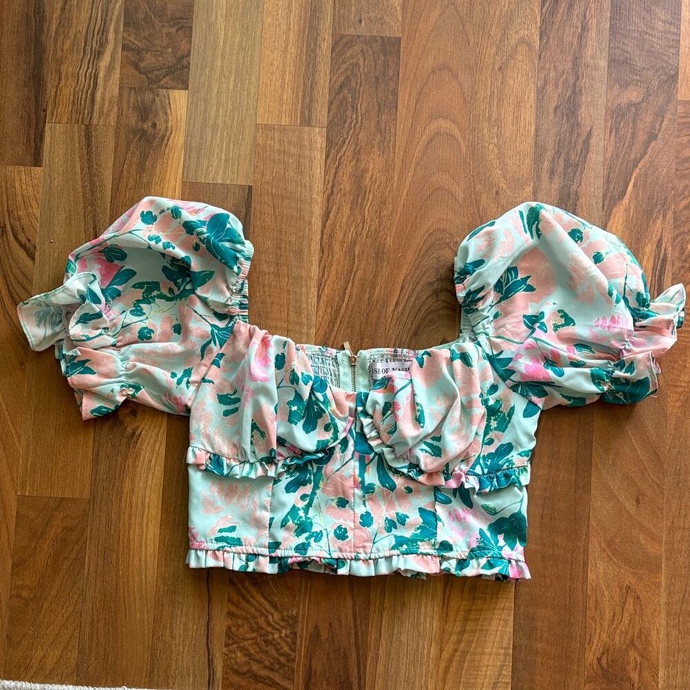 Dash of Nash Size S Floral Puff Sleeve Crop Top in Pink & Teal